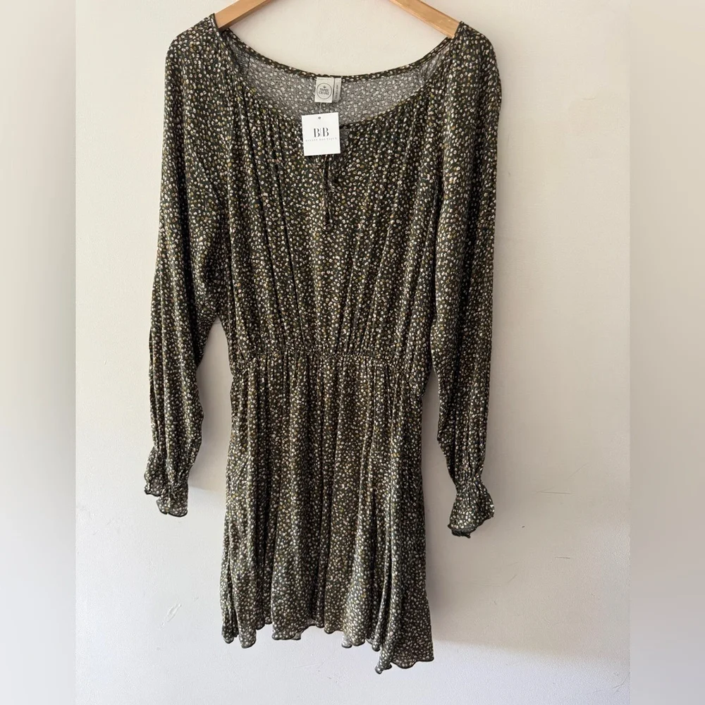 NEW!! Paper Crane Adorable Green Floral Long Sleeve Elastic Waist Mini Dress - Picture 2 of 8